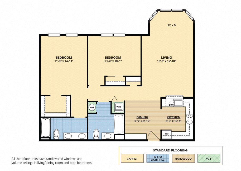 Floor plan for 2 beds, 2 baths, 1167 sqft